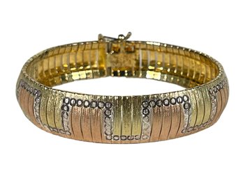 Fine Italian Tri Color Gold Over Sterling Silver Wide Greek Key Bracelet