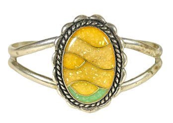 Sterling Silver Southwestern Cuff Bracelet Having Yellow And Turquoise Stones