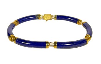 Fine 14K Gold And Lapis Chinese Link Bracelet