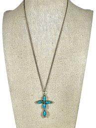Fine Southwestern Sterling Silver Chain Cross Having Turquoise Stones 18'