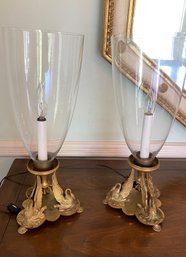 A Pair Of Antique Brass  3 Swans Taper Electric Lamps Candlestick Glass Hurricane