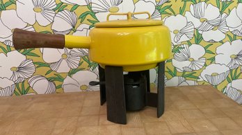 A RARE VINTAGE Yellow DANSK Fondue Pot With Iron Base & Forks Made In France