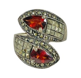 Fine Sterling Silver Ladies Ring Having Garnets And Marcasites Deco Style Size 6