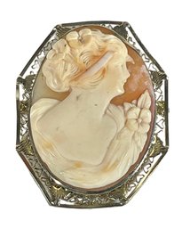Antique 14K White Gold Hand Carved Shell Cameo Brooch Filigree Setting