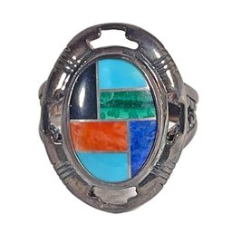 Fine Southwestern Sterling Silver Turquoise Coral Inlay Ring Size 5