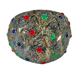 Sterling Silver Dome Shaped Ring Having Gemstones Rubies, Emeralds And Sapphires Size 5