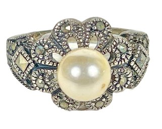 Sterling Silver Marcasite Simulated Pearl Ring Size 5