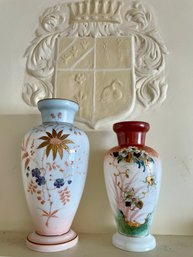 Pair Of Vintage/ Antique Hand Painted,ornate Milk Glass Vases.