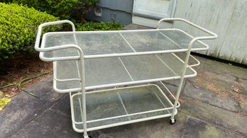 An Outdoor White Metal Glass Shelves Tea Cart On Wheels