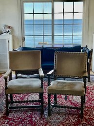 Vintage Pair Of Oak Arm Chairs With Barley Twist Wood And Velvet Upholstery.