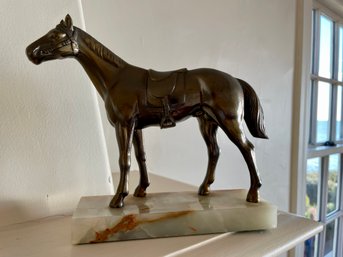 Brass/ Patinated Metal ? Horse Figure On A Marble Stand.  7' Tall