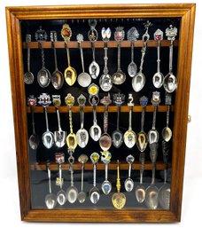 Collection Of Souvenir Spoons From World Travels In Wood Display Case (35 Pieces)