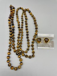 Tiger Eye Set Of Two Necklaces And A Pair Of Earrings.