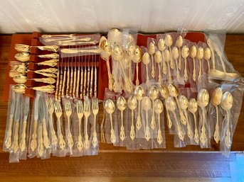 Community Gold Tone Flatware Set For 12 With 115 Pieces In Total. Many Unused Pieces.