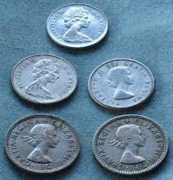 Lot Of 5 Canada & Great Britain Coins - 1960, 1965 80 Silver Dimes 1955, 1962 Wedding Good Luck Six Pence Etc.