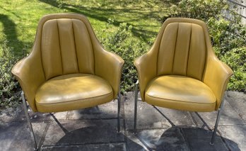 MCM Pair Of Classic Vinyl Chairs On Metal Legs By Cal-style Furniture