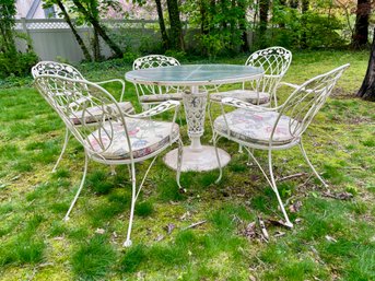 Vintage Wrought Iron Round Glass Top Table And Five Chairs Patio Set