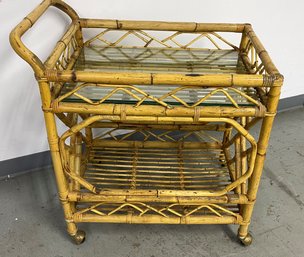 Vintage Mid-Century Tea Cart Bamboo & Rattan On Wheels