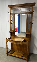 Vintage Stained Glass Oak Hall Tree With Brass Hooks And Umbrella Stand