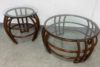 Vintage MCM Bent Bamboo Side And Coffee Tables With Glass Top