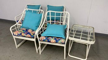 Vintage Four Strap Chairs With Side Table And Cushions.
