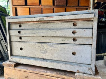 Gray Painted, Montgomery & Co' Machinist Wooden Tool Box With Content.