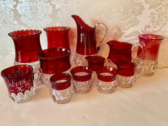 Collection Of Vintage And Antique Ruby Crystal Glass Service Pieces And More.