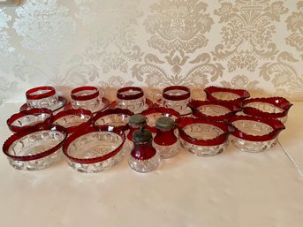 Collection Of Vintage And Antique Ruby Crystal Glass Thumbnail Bowls , Tea Cups And More.