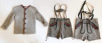 Vintage Children's Handknitted Sweater With (2) Children's Suede And Leather Lederhosen