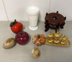 A Group Of Decorative Items, Paperweight, Milk Glass Vase & More.