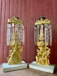 Metal , Crystal And Marble-pair Of  Antique Figural Candle Holders.