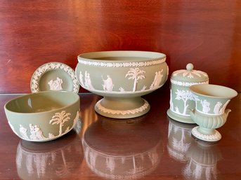 Collection Of Edgewood Jasperware Olive-green Footed Bowl,bowl ,urn And More.