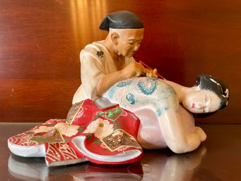 Vintage Erotic Japanese Hakata Shunga 'the Tattoo Artist' Porcelain Figure.