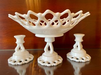 Milk Glass Centerpiece And Candle Holders.
