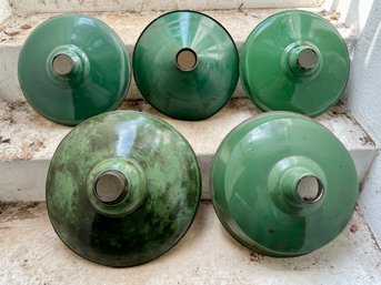 Collection Of 6 Industrial Green Metal Lights' Shades.