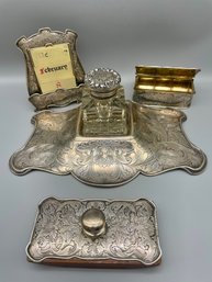 Exquisite Antique Sterling Silver Desk Set With Lion And Phoenix Heads.