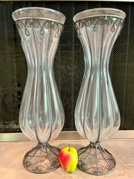 Pair Of Decorative Metal And Caged Glass Vases. 20' Tall