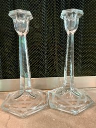 Pair Of Judaica Glass Candle Holders With A Star Of David Etched On Base.9' Tall