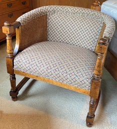 Vintage Upholstered  Cane Club Barrel Chair