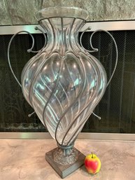 Large Metal And Caged Glass Decorative Vase. 26' Tall (1)