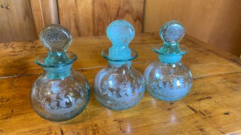 Antique Set Of Three Hand Blown Etched Perfume Bottles