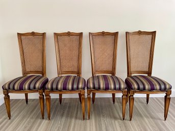 Set Of Four Provincial Dining Chairs With Cane Back And Newly Striped Upholstery .