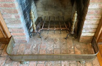 Fireplace Set,  Antique Brass & Metal Victorian Hand Iron With Vintage Brass Fender And Metal Wood Grate