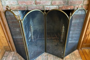 Vintage Brass And Metal Mesh  Four Panels Fireplace Screen