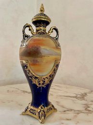 Vintage Hand Painted Lidded Porcelain Vase . 12' Tall