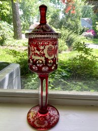 Vintage Etched Bohemian Ruby Glass, Lidded Tall Goblet . 13.5' Tall