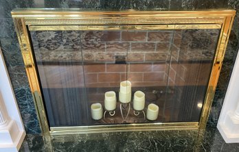 A Solid Brass  & Glass Fireplace Screen With Sliding Metal Mesh