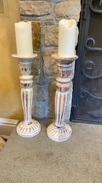 A Pair Of Carved Wood White Wash Candle Holder