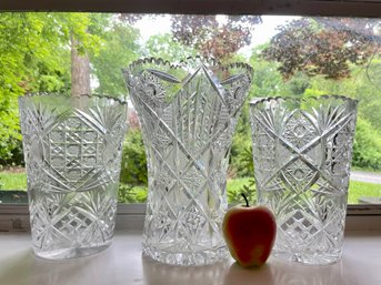 Trio Of Cut Glass Large Vases.
