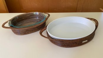 Set Of Two  Hand Woven Basket Calaisio Oval Casserole Tray With Pillivuyt Baker & Pyrex Glass Baker